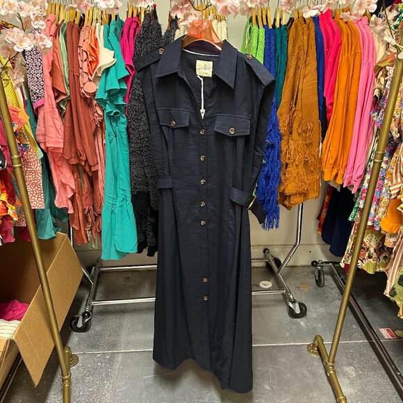 SOLID COLLARED BUTTON DOWN MIDI DRESS - Picture 1 of 2